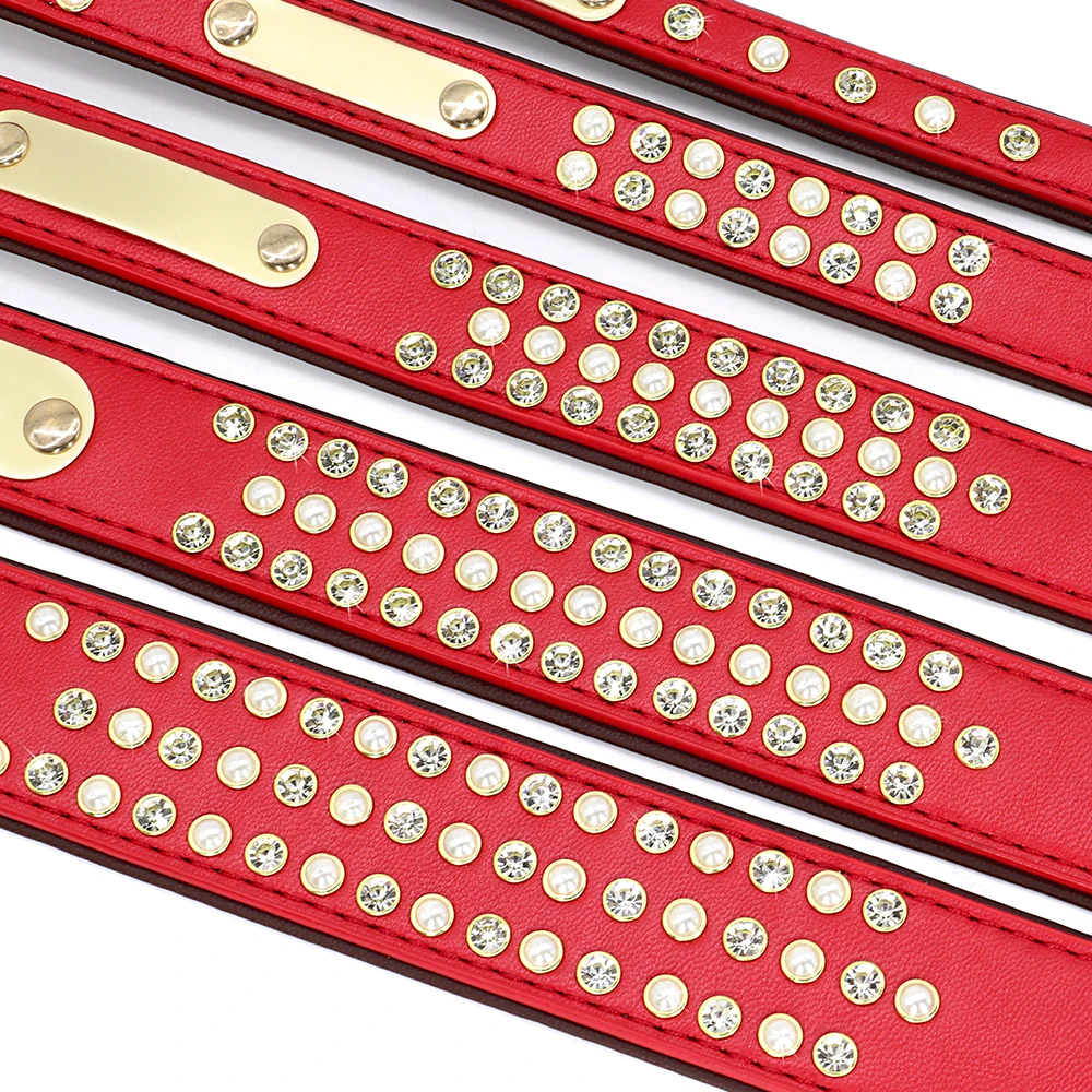 Personalized PU Leather Dog Collars Rhinestone Pet Dog Collar Customized ID Tag Engraved Name Phone for Small Medium Dogs Pug - imagen 2