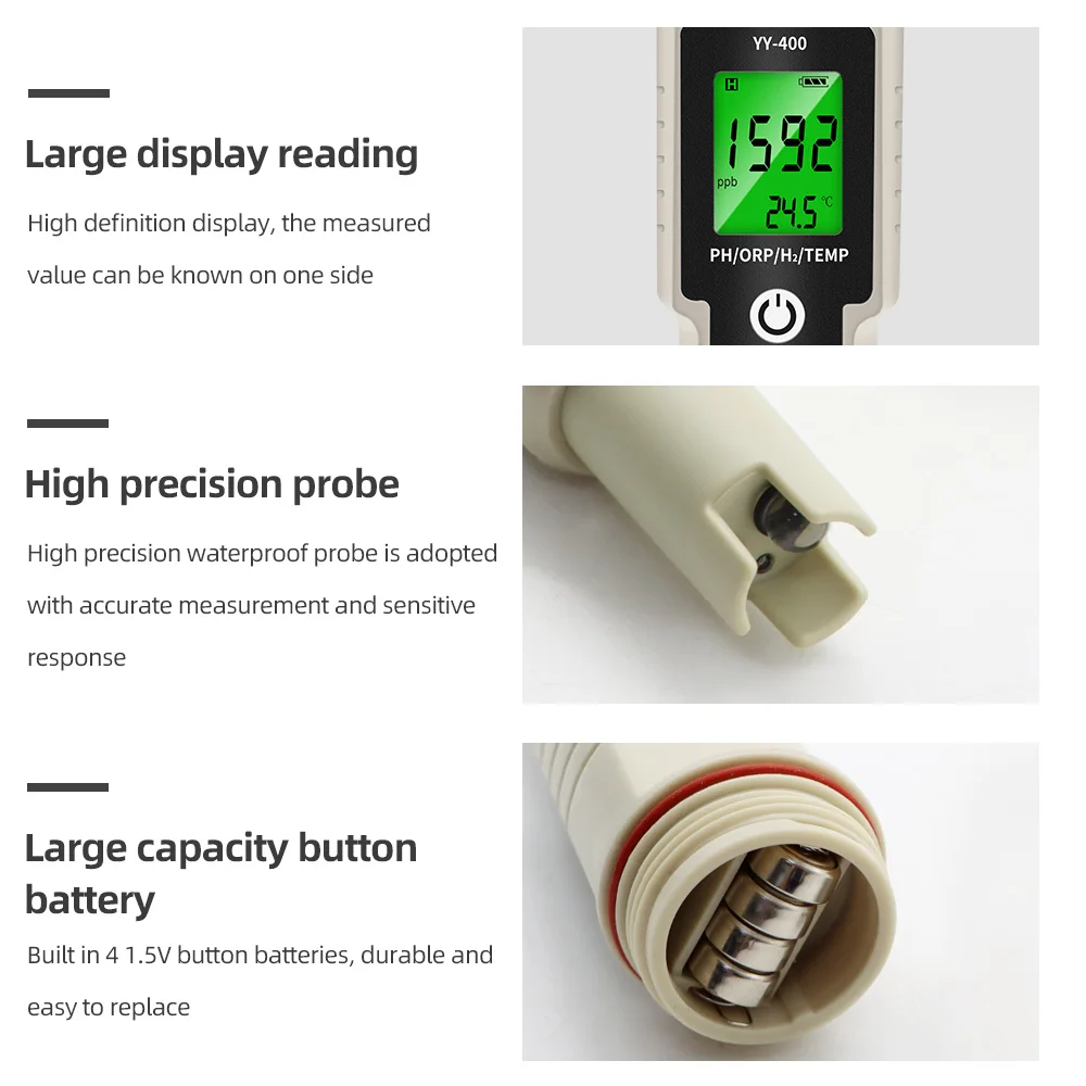 Medidor de PH 2/3/4 en 1, probador de temperatura ORP H2, alta precisión, 0,01 LCD, pluma de prueba de hidrógeno rico para piscina, acuario, hidroponía - imagen 2