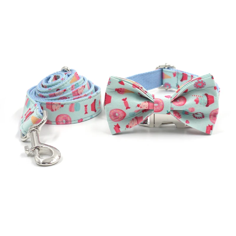 Collar y correa con pajarita para perros, Collar personalizado con estampado de macarrones para perros pequeños y grandes, Collar suave y bonito para cachorros para caminar a diario