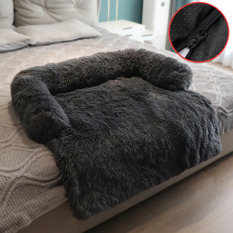Sofá para perro, cama grande con cremallera de felpa larga y suave, cubierta lavable extraíble, perrera cálida para mascotas, camas para gatos de invierno, manta para dormir profundo, esteras - imagen 4