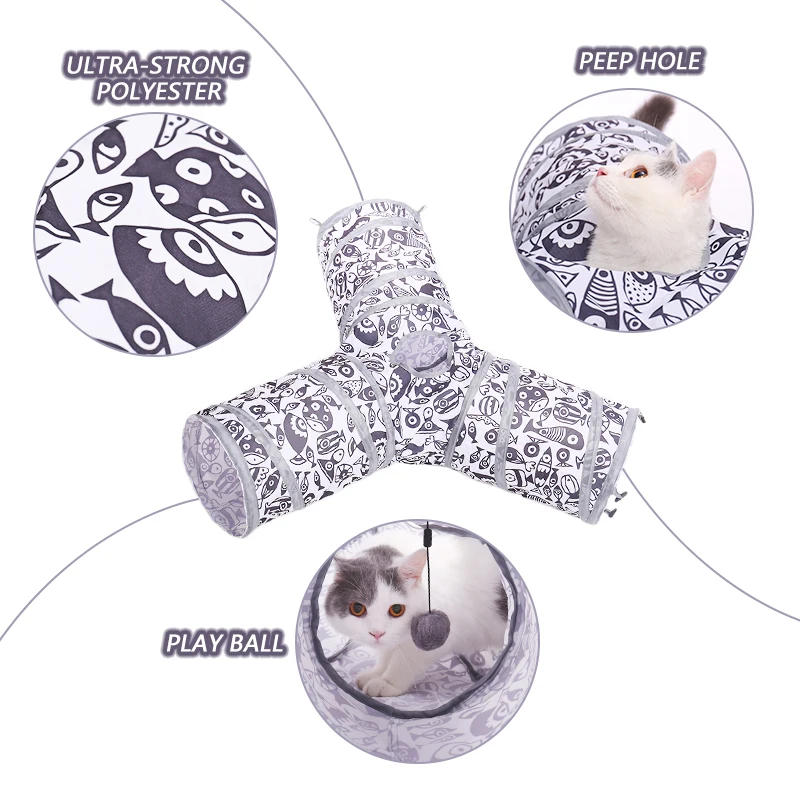 Túnel plegable para gatos, tubo para mascotas de 3 agujeros, para interior y exterior, juguetes para cachorros para hacer ejercicio, entrenamiento oculto, juguete para gatos a granel - imagen 2