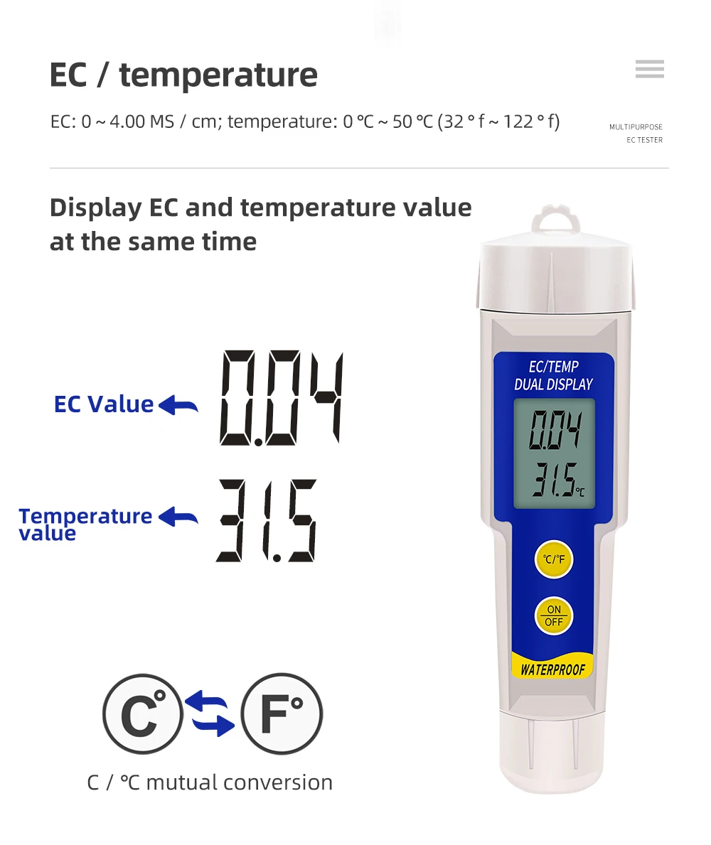 Probador de suelo EC-315 multifunción 2 en 1, medidor de temperatura EC del suelo, Monitor de calidad del agua portátil, probador EC para suelo de acuario de laboratorio - imagen 4