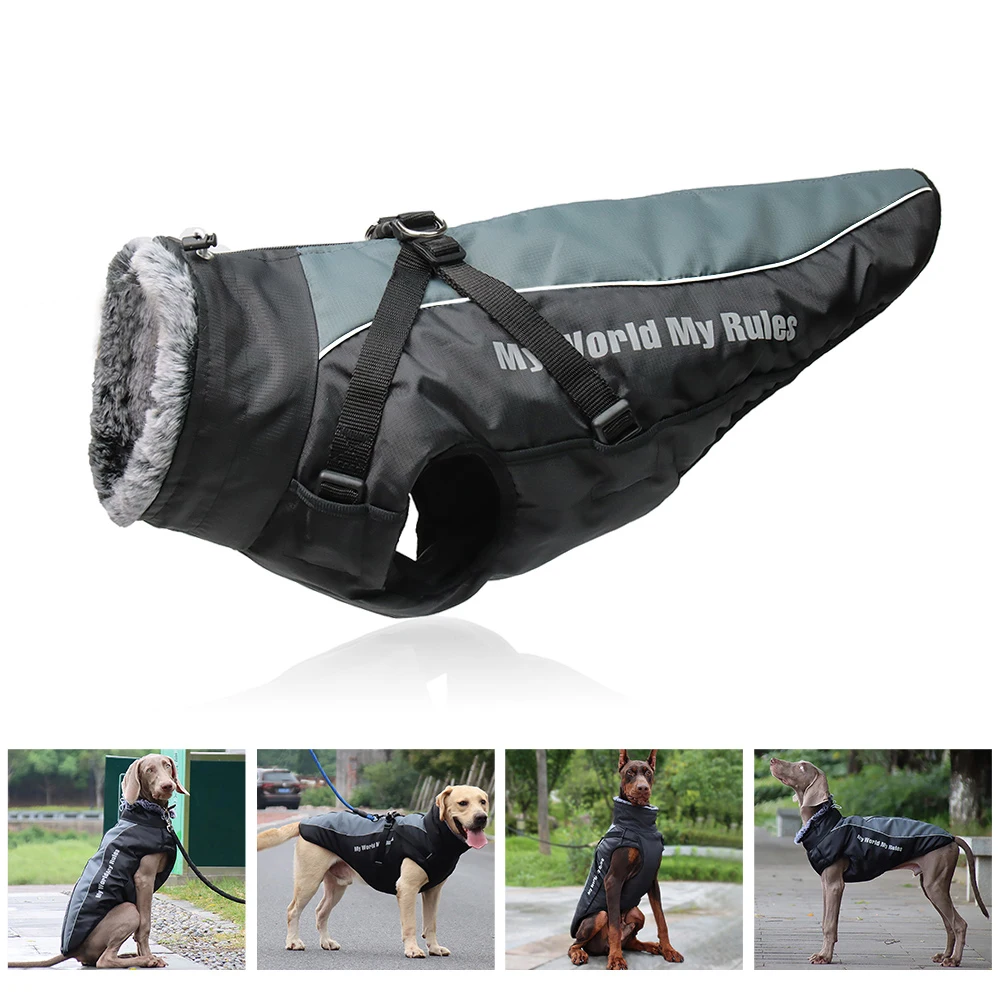 Abrigo impermeable cálido de invierno para mascotas para perros grandes con cuello peludo chaqueta gruesa reflectante disfraz de Bulldog Labrador ropa para perros