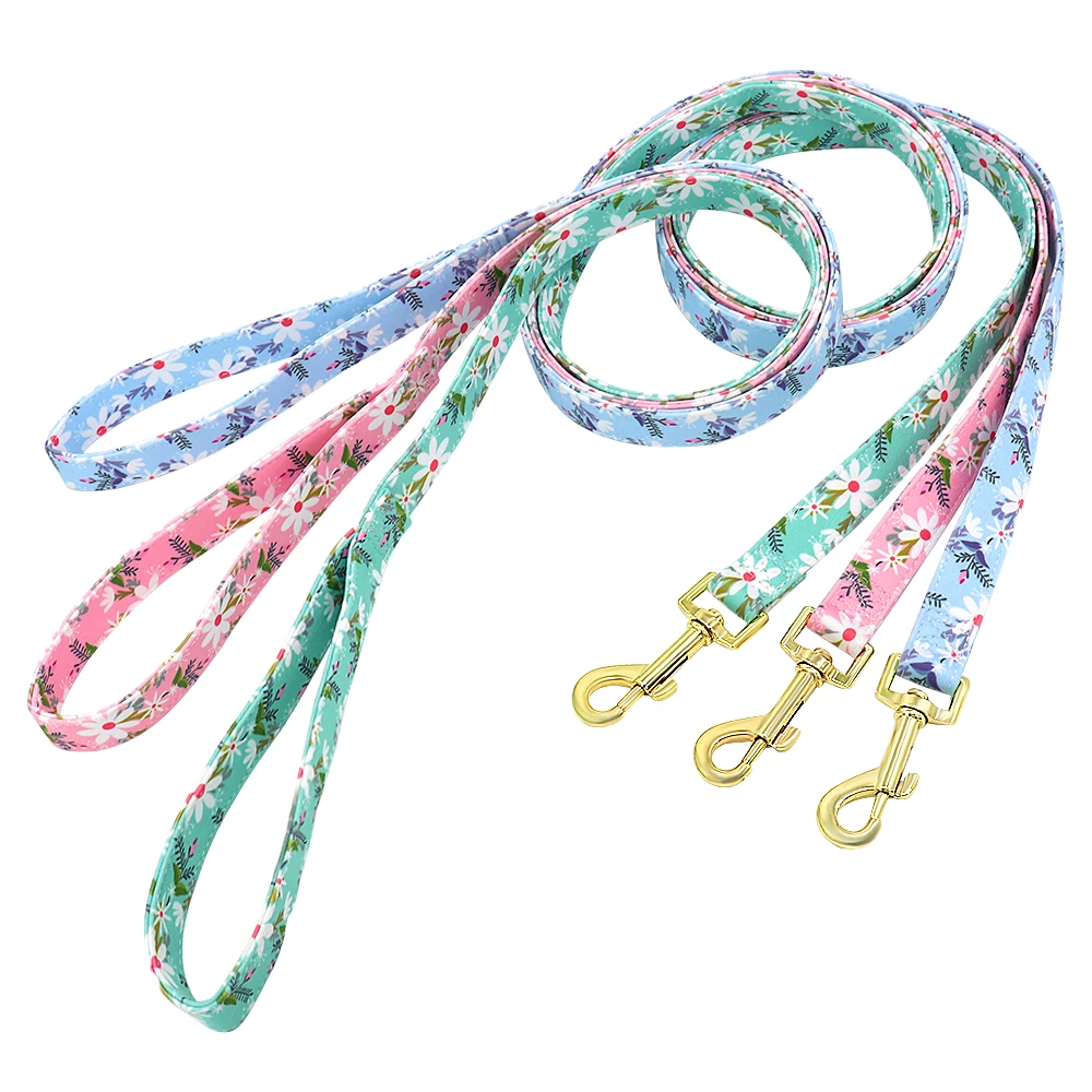 Conjunto de Collar y correa con estampado de flores para perro, Collar de nailon personalizado con etiqueta de identificación para mascotas, cuerda de plomo para caminar para perros pequeños, medianos y grandes - imagen 3