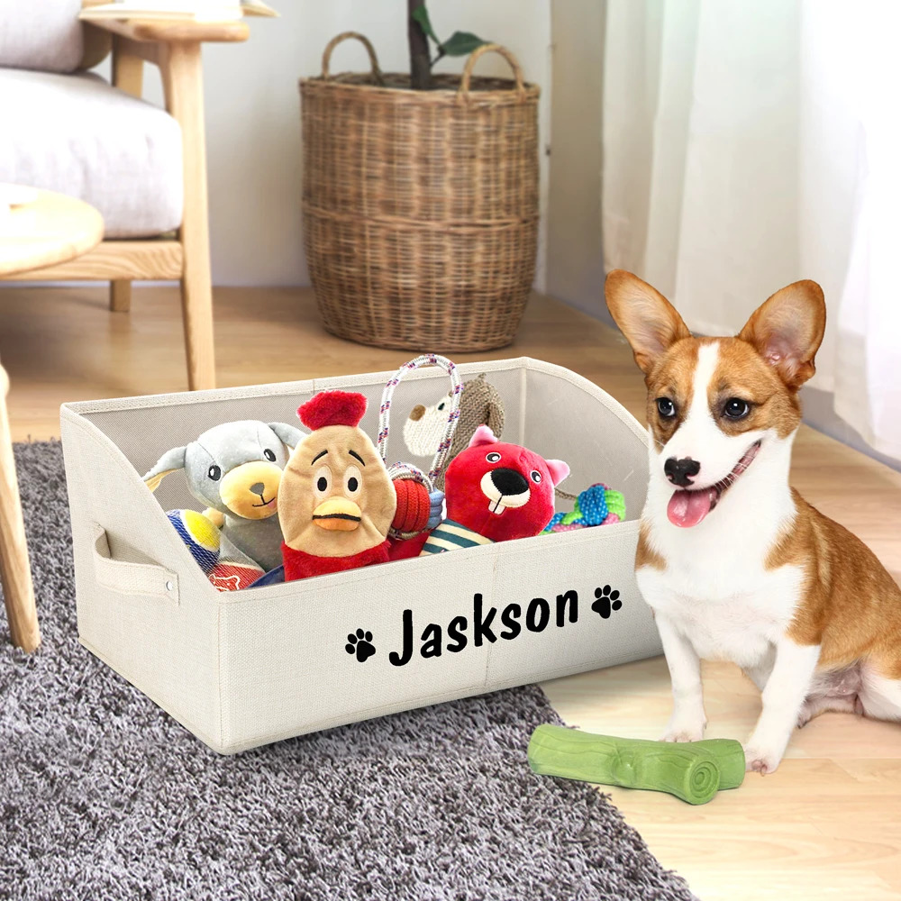 Caja de almacenamiento de juguetes personalizada para perros y gatos, cesta plegable con estampado gratuito de nombre y pata, cestas organizadoras para mascotas, suministros para mascotas