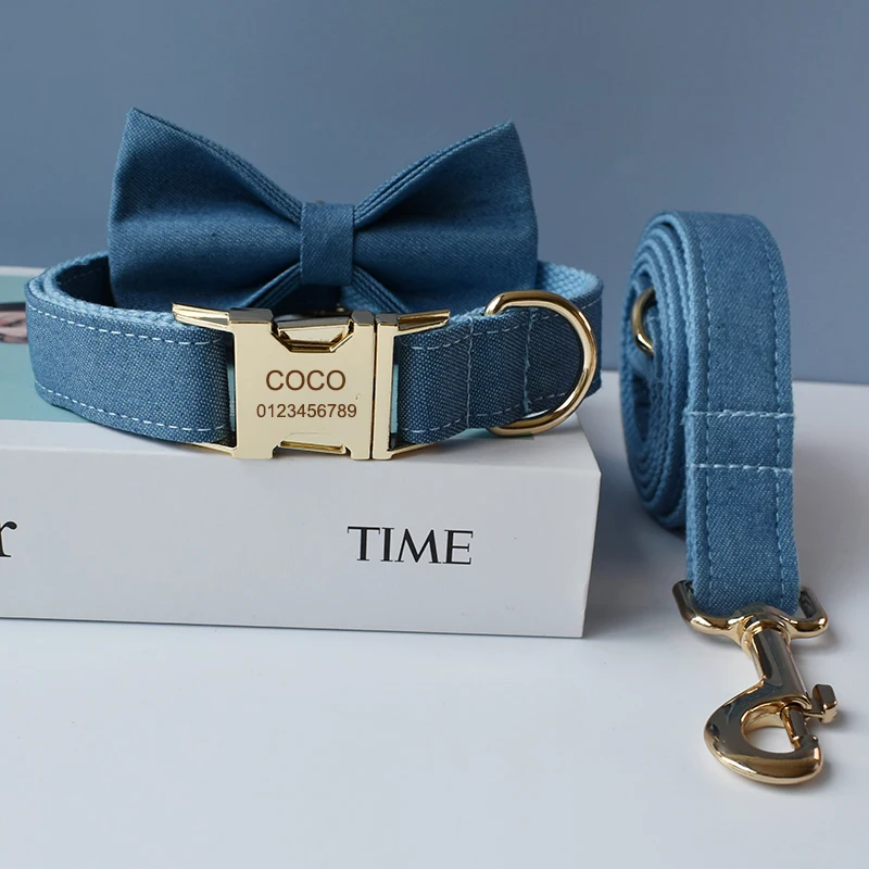 Collar de perro con lazo grabado gratis, correa de perro labrador bull bowknot, correas de correa, hebilla ajustable, accesorios de bulldog Francés, vaquero 01 - imagen 3