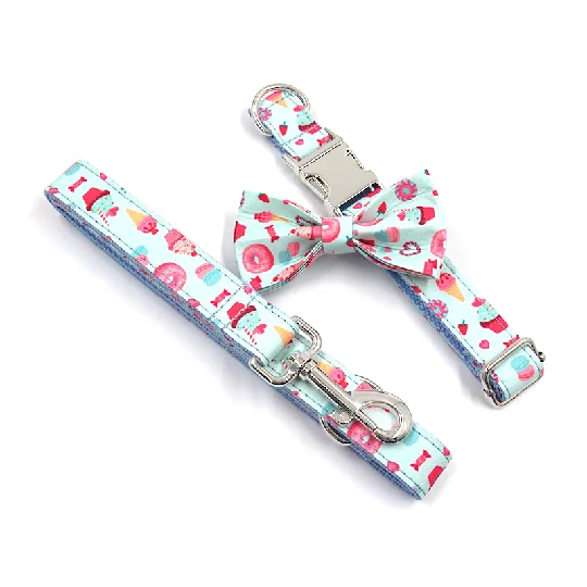 Collar y correa con pajarita para perros, Collar personalizado con estampado de macarrones para perros pequeños y grandes, Collar suave y bonito para cachorros para caminar a diario - imagen 4