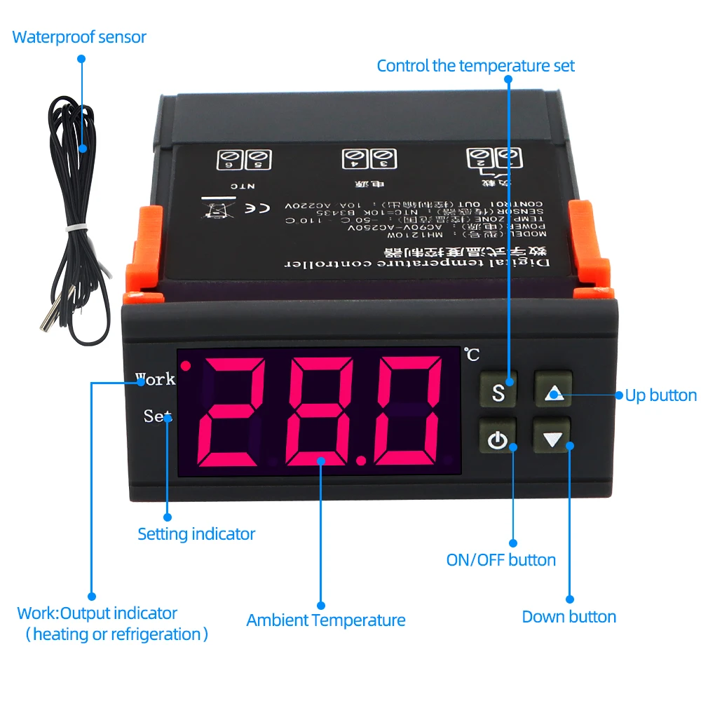 Controlador de temperatura MH1210W, termostato Digital de AC110-220V, DC12V, 24V, termómetro para microordenador, termorregulador-50 ~ 110 C, NTC - imagen 2