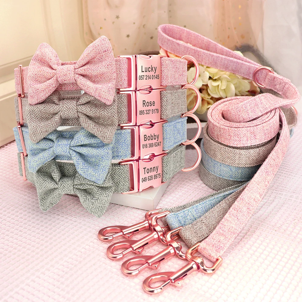 Conjunto de correa de Collar de perro personalizado, collares de perros personalizados de alta calidad con pajarita, collares ajustables para mascotas, correas con grabado gratis - imagen 2