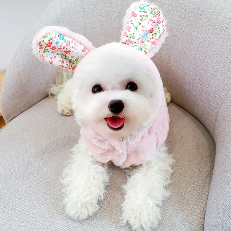 Abrigo cálido para gato, ropa de princesa para perro, chaqueta rosa y blanca para mascotas, Parka suave de piel falsa con Orejas de conejo florales para niñas y perros pequeños, Invierno - imagen 2