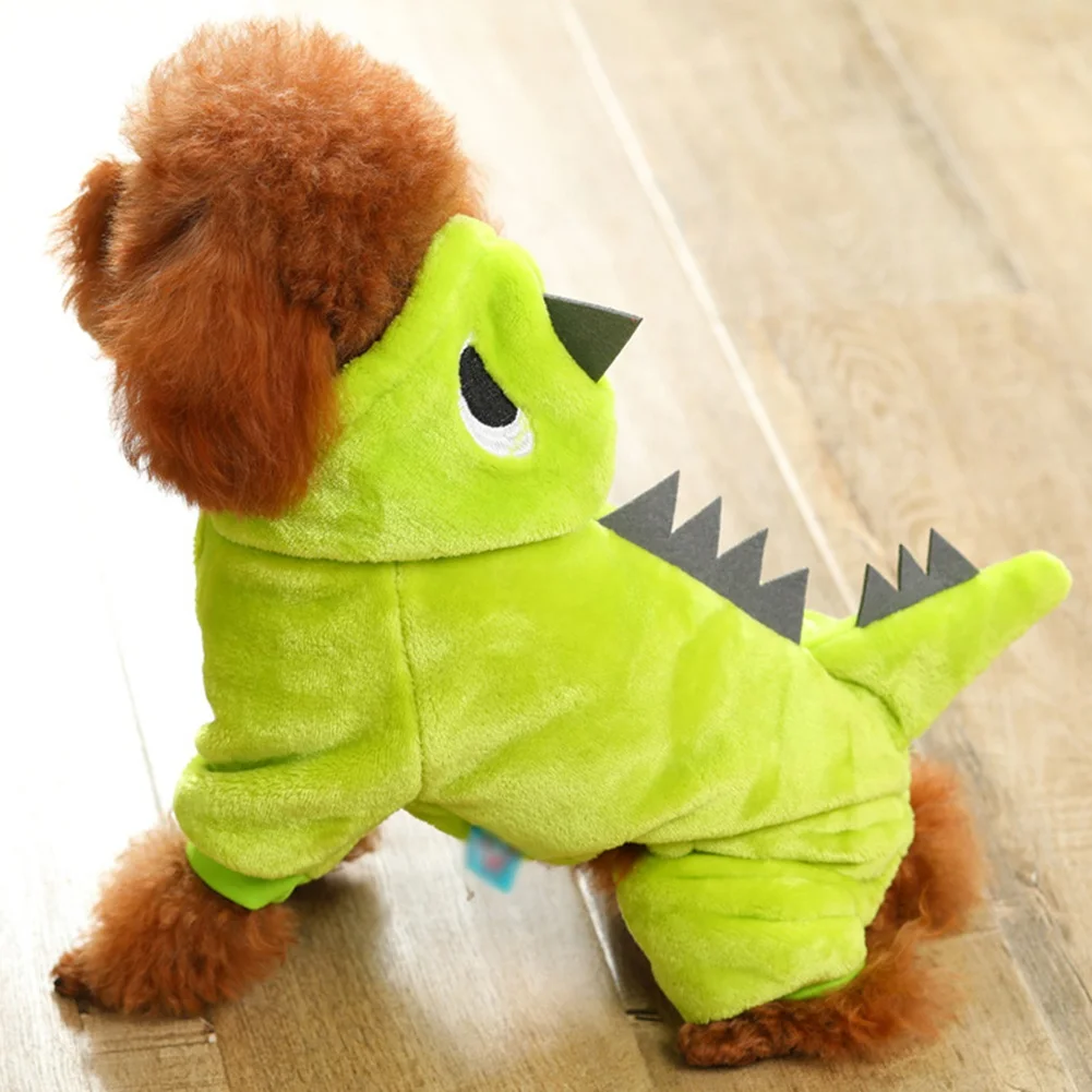 Ropa de terciopelo Coral para perro, disfraces de dinosaurio de dibujos animados para Halloween, ropa cálida para mascotas, ropa de cuatro patas, monos para perros, Invierno - imagen 3