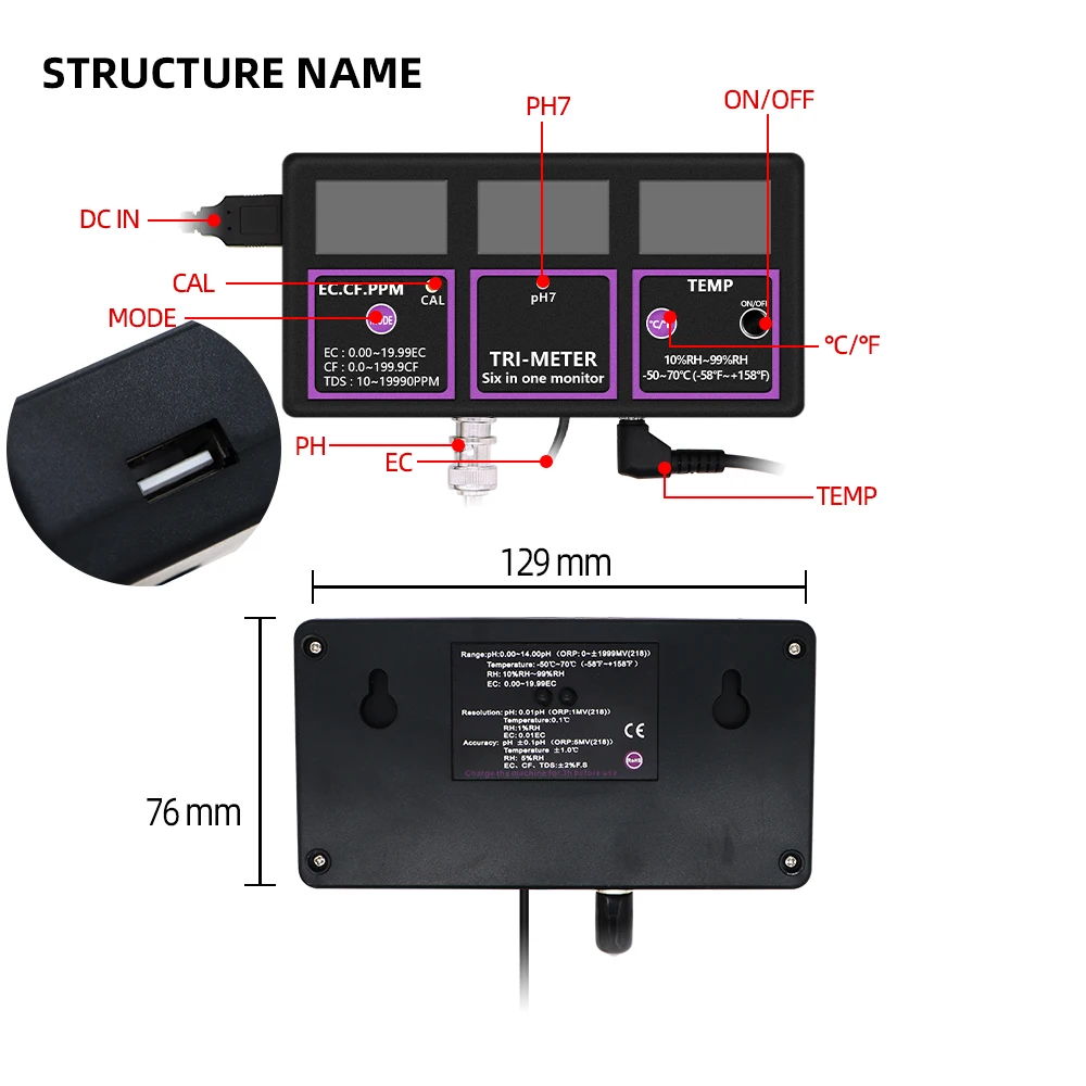 PH-217 Probador de Calidad del Agua 6 en 1, medidor de PH Digital profesional, temperatura de PH EC CF RH TDS, Monitor, Detector de agua para piscina y acuario - imagen 2