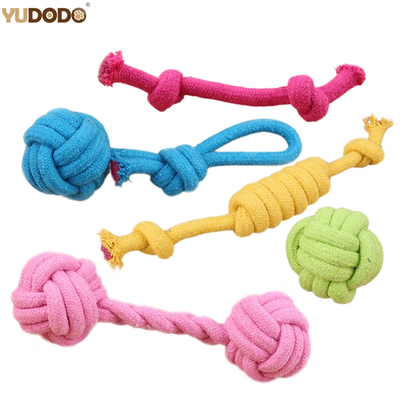 Cuerda de algodón para perros, juguete interactivo de colores caramelo para limpieza de dientes, pelota de nudo para cachorros pequeños, juguetes para masticar, Color aleatorio