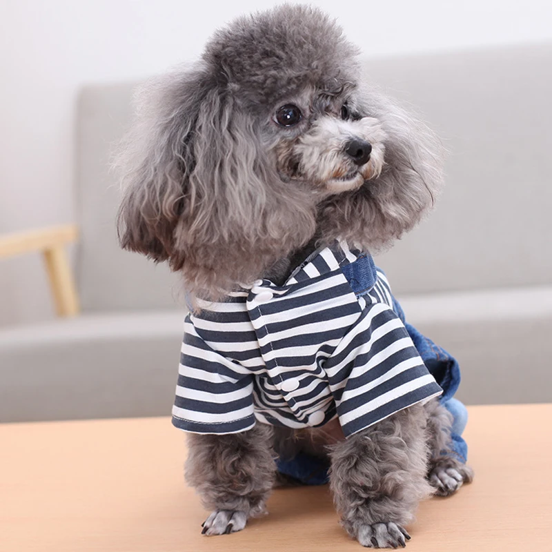 Stripe Cool Dog Jean Jumpsuit, monos para perros pequeños y medianos, Yorkie Beagle Pet Denim Pants Outfits, ropa de primavera y otoño - imagen 4