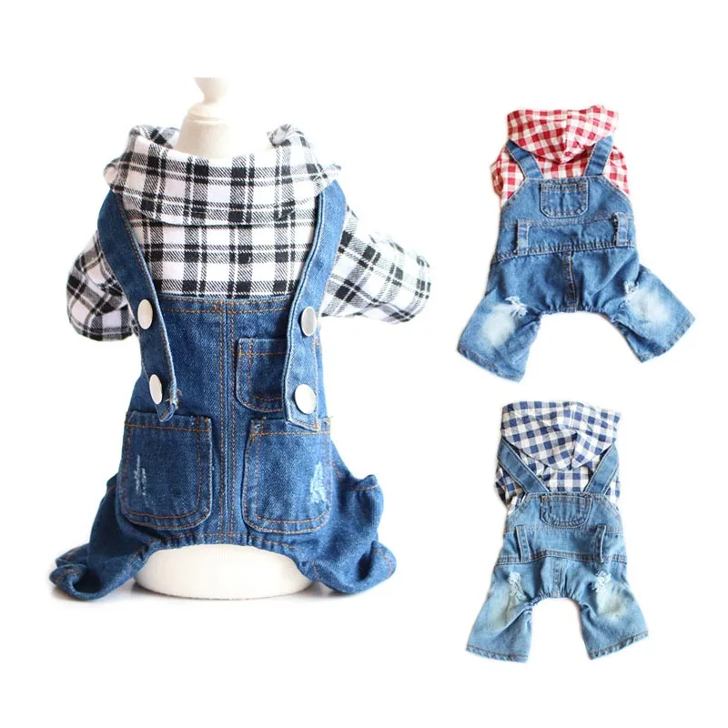 Monos de mezclilla para perros, pantalones vaqueros con camisa a cuadros para cachorros, monos de Bulldog Francés Yorkie para perros, ropa para mascotas para perros de razas pequeñas y medianas