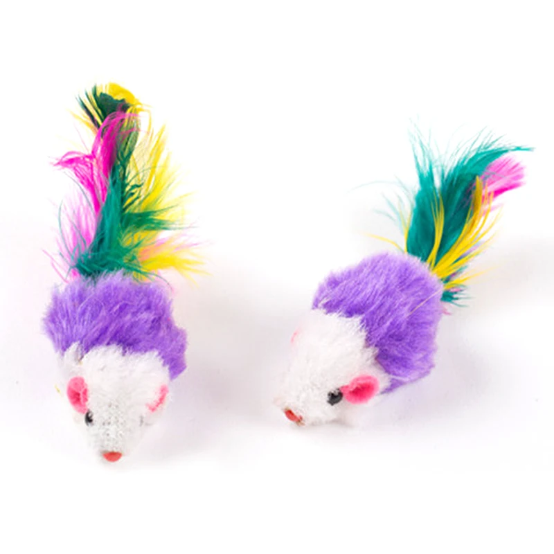 Mini ratón falso de lana suave para gatos, juguetes con plumas coloridas, divertidos juguetes de entrenamiento para gatos, gatitos, cachorros, suministros para mascotas - imagen 4