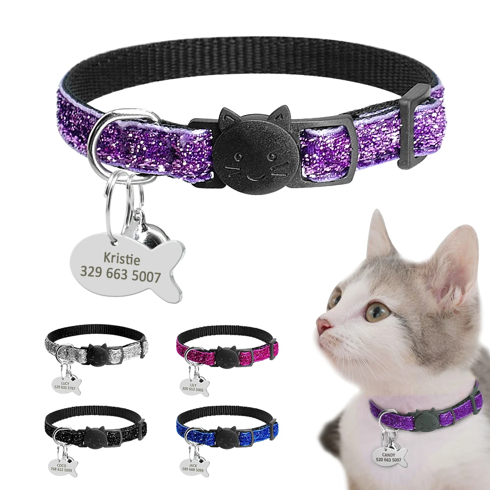 Collar personalizado para gatos con lentejuelas decorativas y etiqueta grabada