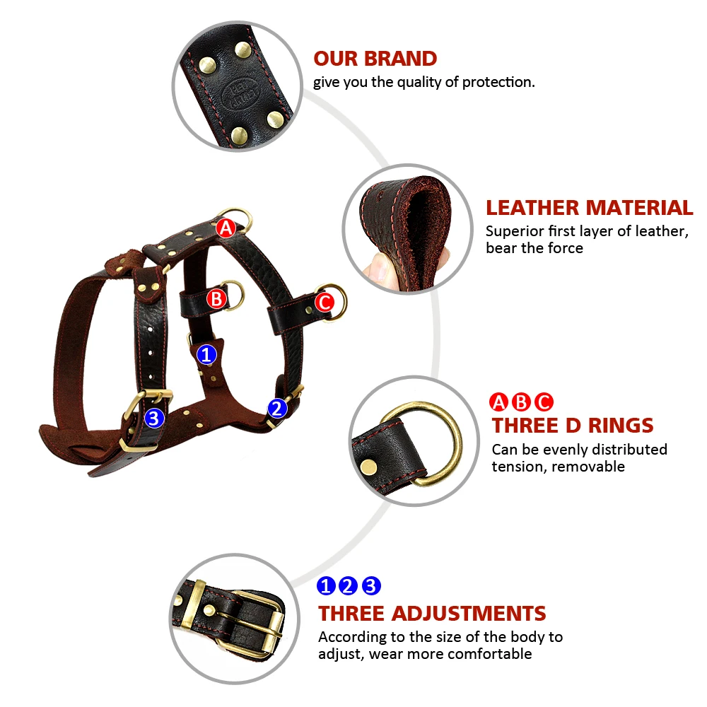 Arnés de cuero genuino para perro, arnés de entrenamiento para caminar, color marrón, 23-34,5 pulgadas, pecho ajustable, perros grandes Pitbull Alaskan Malamute - imagen 3