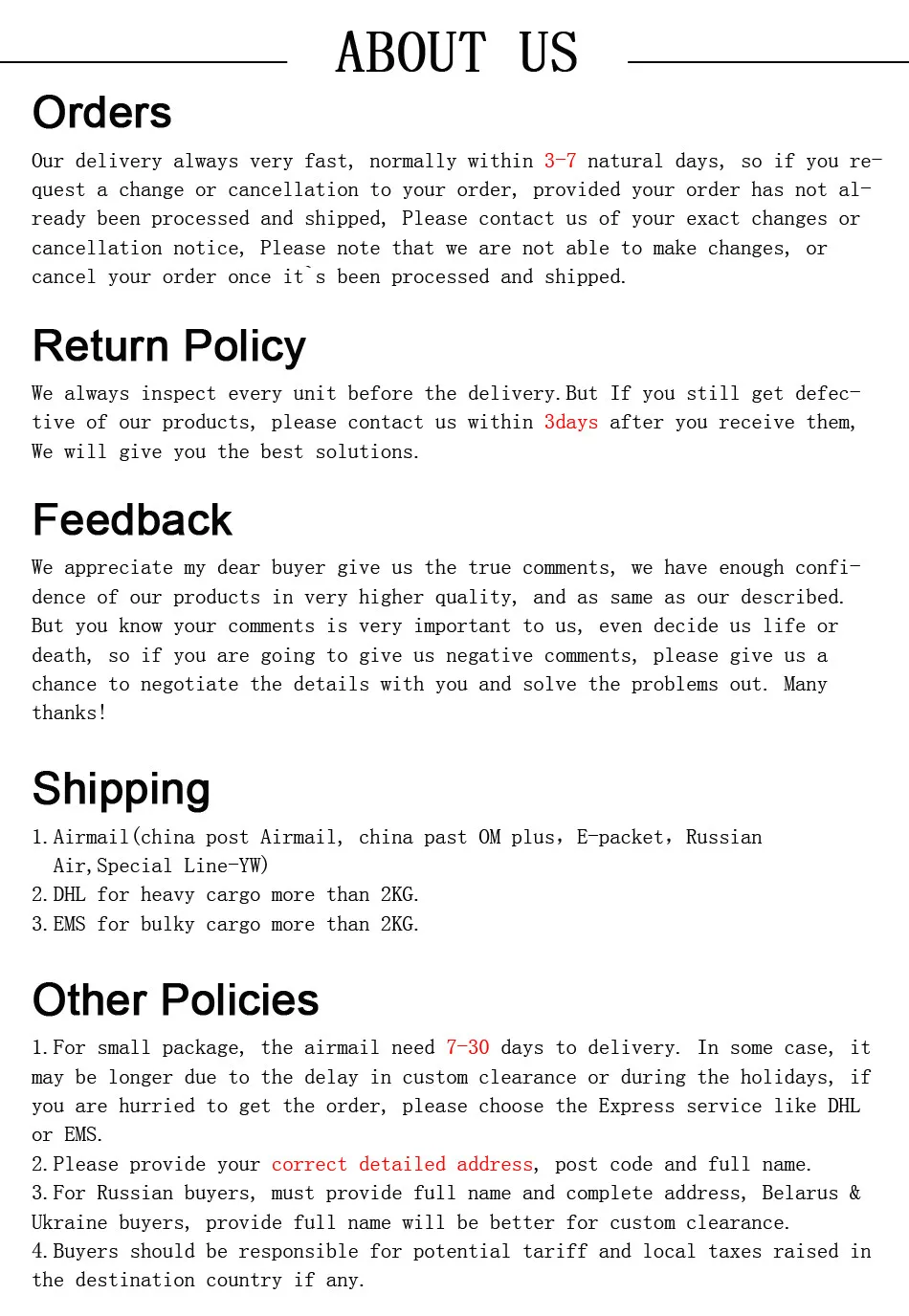 Una página con información sobre envío y políticas