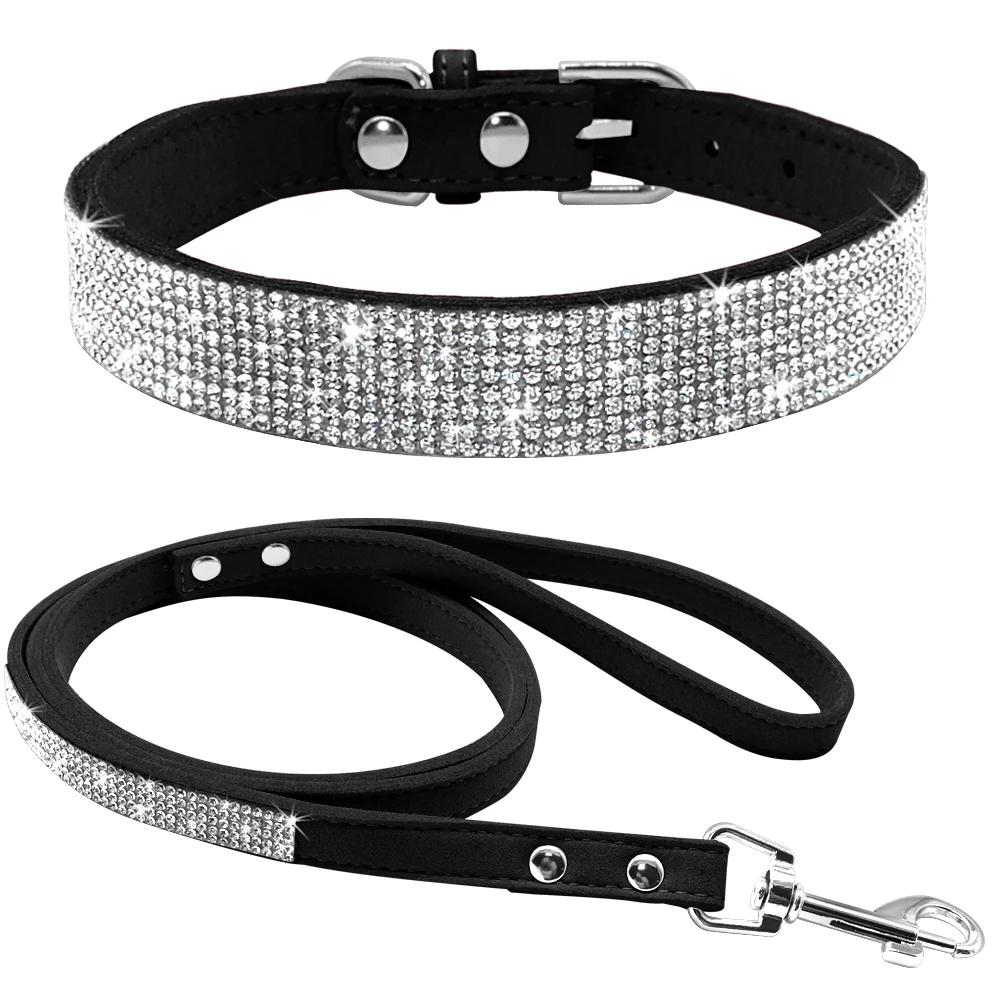 Didog-collar de cuero de ante para cachorros, conjunto de correas ajustables con diamantes de imitación para gatos, correas para caminar para mascotas pequeñas y medianas XS S M - imagen 3