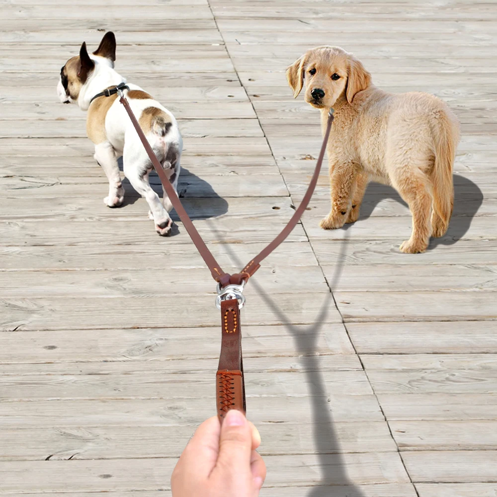 Correa para perro de 2 vías, dos cables dobles de cuero para mascotas, acoplador NoTangle con mango para caminar y entrenar, 2 perros pequeños y medianos - imagen 3