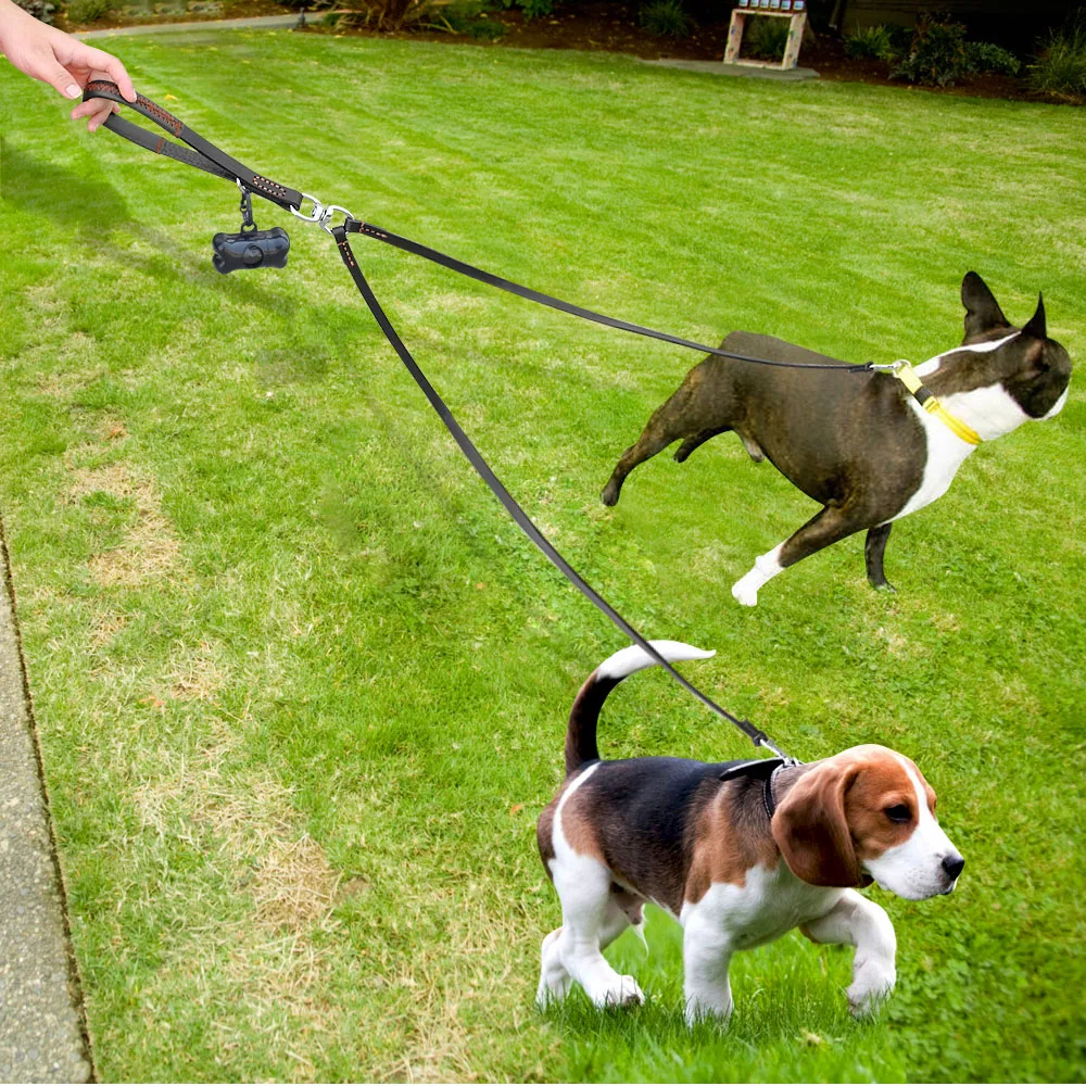 Correa para perro de 2 vías, dos cables dobles de cuero para mascotas, acoplador NoTangle con mango para caminar y entrenar, 2 perros pequeños y medianos - imagen 4