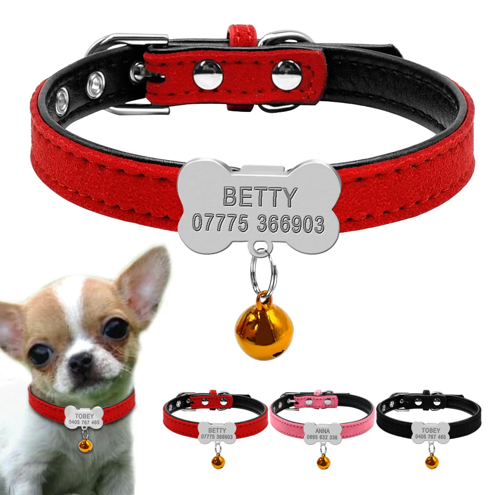Collar de cuero suave para perro pequeño con placa de hueso grabada