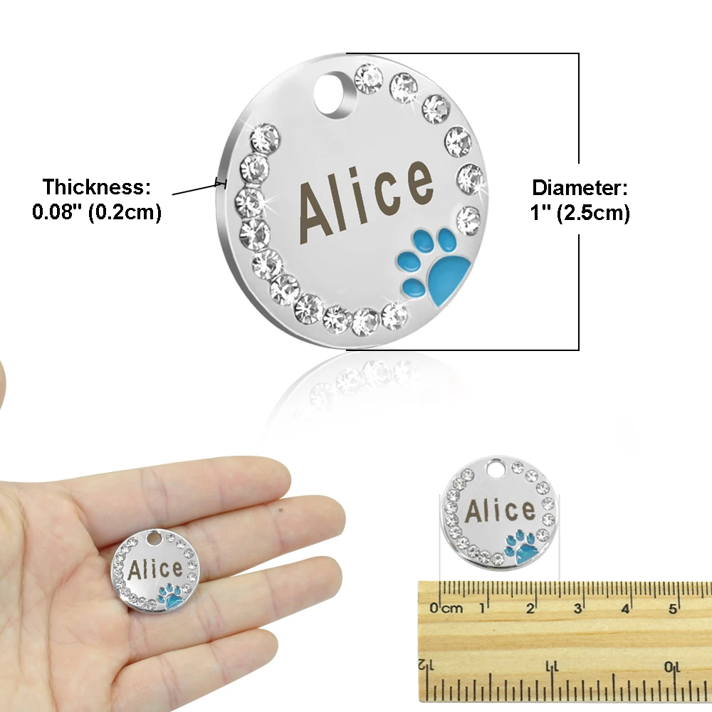 Etiqueta de identificación personalizada para perro, accesorio de Metal y cristal grabado para mascotas, con diamantes de imitación pequeños y grandes, placa con nombre - imagen 3