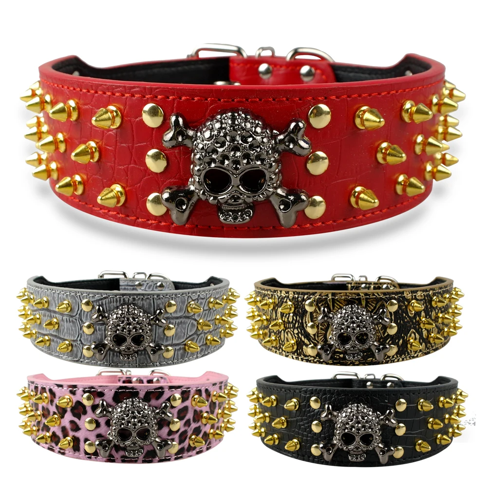 Collar de cuero con tachuelas y pinchos de 2 "para perro, remaches de bala con calavera fresca, accesorios para mascotas, Meduim, perros grandes, Pitbull, Boxer, S-XL - imagen 2