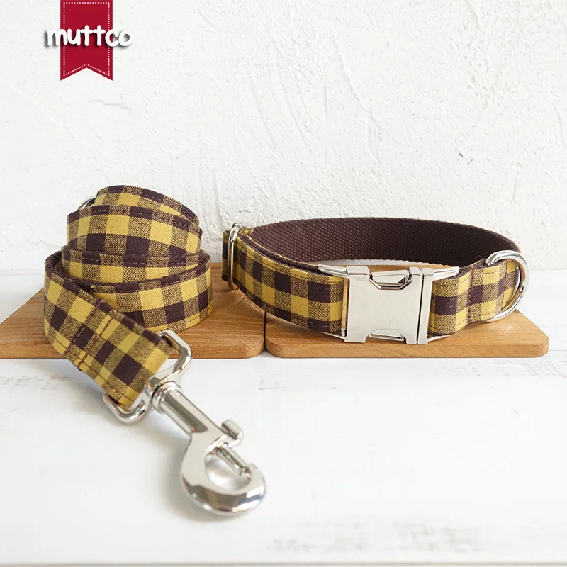 MUTTCO-collar resistente a las mordeduras para mujer, prenda básica hecha a mano de doble tela, con diseño de cuadros marrones y amarillos, 5 tamaños, UDC067 - imagen 3