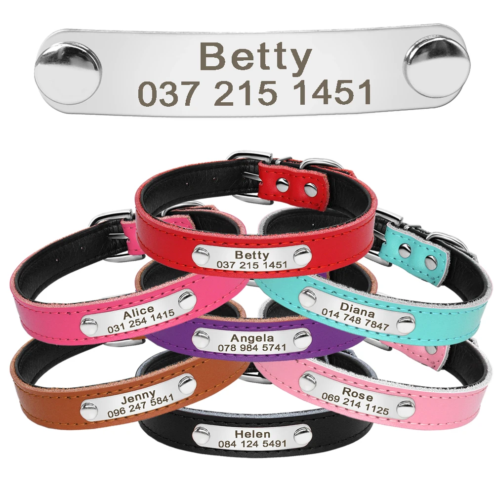 Collar de cuero para gatos, Collar personalizado para cachorros, perros pequeños, Collar con placa con nombre para gatitos, grabado gratis ajustable - imagen 3