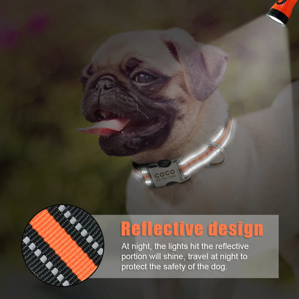 Collar de nailon para perro, Collar personalizado para mascota, etiqueta de identificación grabada, placa con nombre reflectante para perros pequeños, medianos y grandes, Pitbull Pug - imagen 5