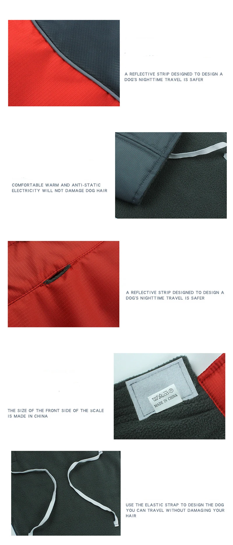 Se muestra una chaqueta de viaje nocturna de un perro rojo y gris