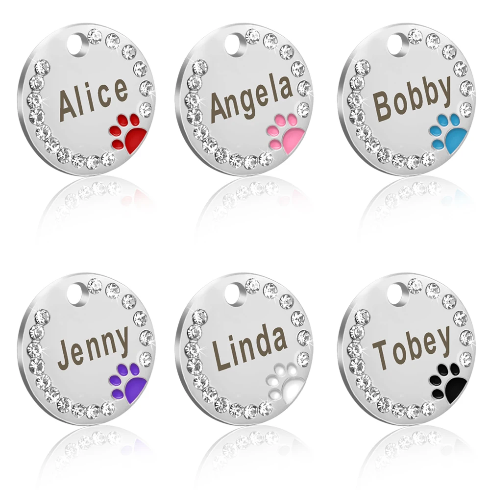Etiqueta de identificación personalizada para perro, accesorio de Metal y cristal grabado para mascotas, con diamantes de imitación pequeños y grandes, placa con nombre - imagen 5