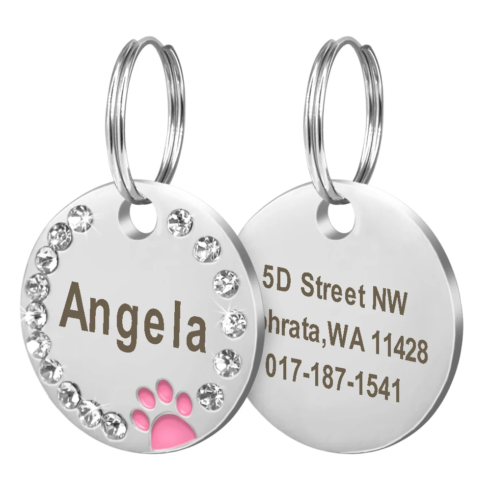 Etiqueta de identificación personalizada para perro, accesorio de Metal y cristal grabado para mascotas, con diamantes de imitación pequeños y grandes, placa con nombre - imagen 4