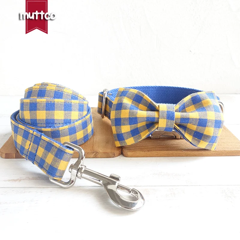 MUTTCO collar de perro de doble tela LA AZUL AMARILLO PLAID anti-pérdida suministros para mascotas nombre grabado collar de número de teléfono 5 tamaños UDC068 - imagen 2