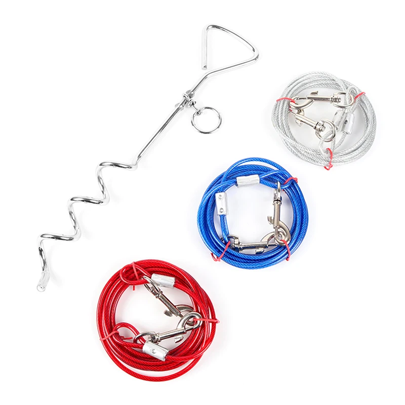 Correa para mascotas al aire libre con pila fija, estaca de tornillo de Metal para acampar, jardín, tierra, alambre de acero, juego de correas para perros, 3M, 5M, 10M - imagen 2