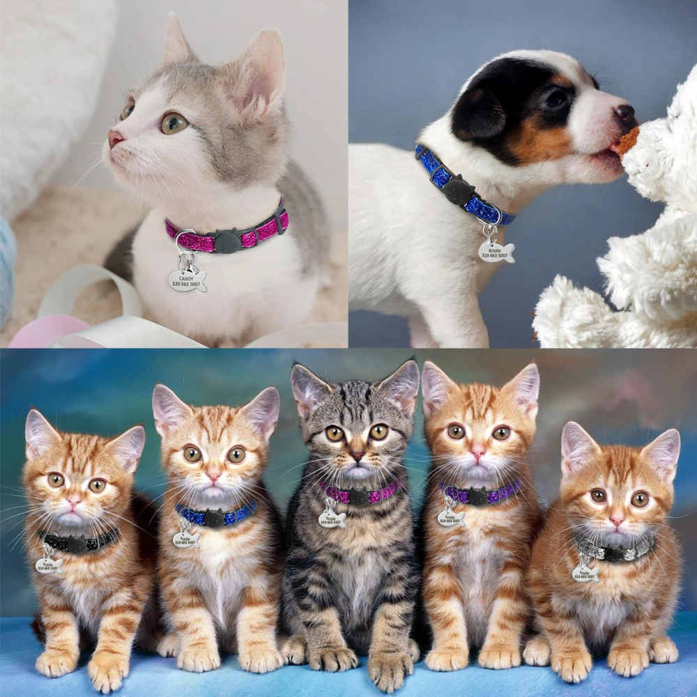Juego de Collar de etiqueta de cachorro de gato de liberación rápida, collares de gatito de nailon personalizados hermosos grabados para mascotas pequeñas, gatito de 1cm de ancho - imagen 5
