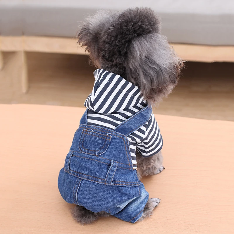 Stripe Cool Dog Jean Jumpsuit, monos para perros pequeños y medianos, Yorkie Beagle Pet Denim Pants Outfits, ropa de primavera y otoño - imagen 3