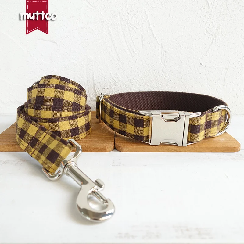Collar de mascota grabado MUTTCO, collar personalizado individual, correa de cuello básico flexible plaid amarillo marrón, 5 tamaños UDC067 - imagen 3