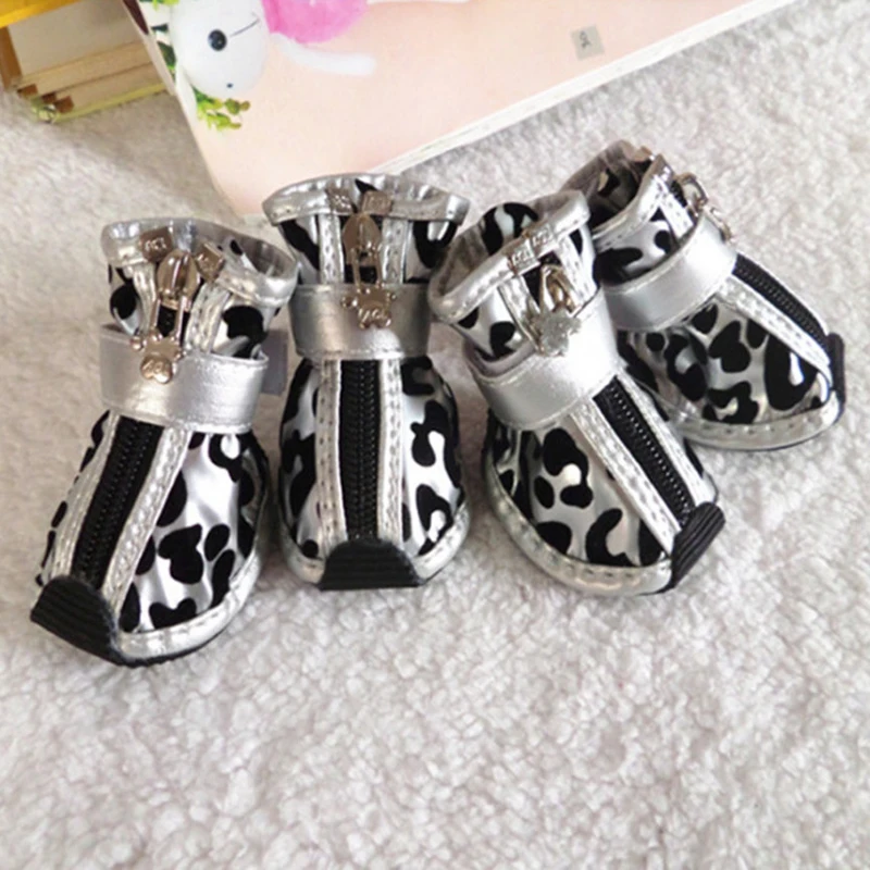 4 unids/set zapatos de cuero de leopardo dorado para perros, botas antideslizantes de PU para perros pequeños, zapatos impermeables para perros de peluche y gatos, botines para cachorros ZL353 - imagen 3