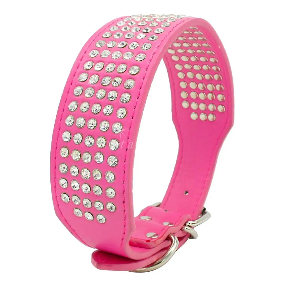 Perro usando un collar ancho de cuero con diamantes de imitación