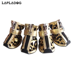 Botines impermeables para perros y gatos, cuero leopardo dorado