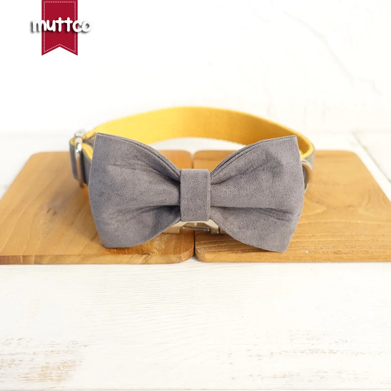 MUTTCO vende al por menor collar de perro de diseño propio CUBIERTA GRIS AMARILLO hecho a mano poliéster satinado y nylon gris y amarillo collar y correa UDC026 - imagen 4