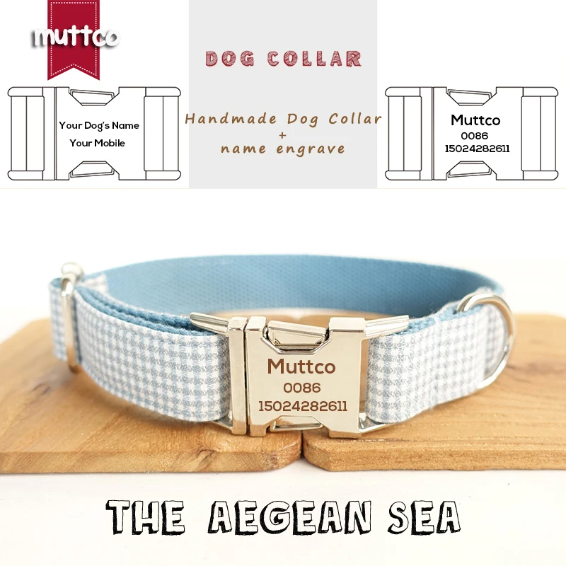 MUTTCO Nombre grabado con láser y venta al por menor de teléfono Collar de estilo británico Etiqueta personalizada para mascotas Collar de perro THE AEGEAN SEA 5 tamaños UDC022