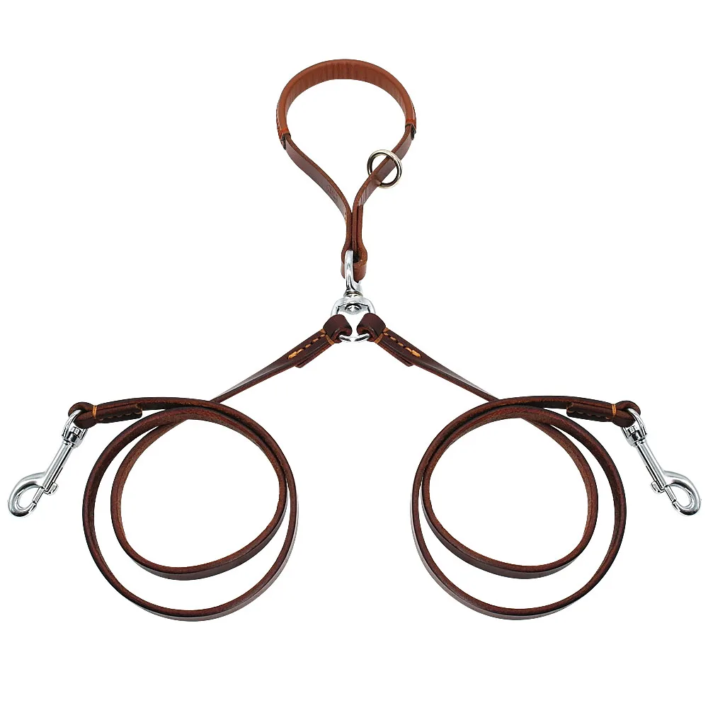 Correa para perro de 2 vías, dos cables dobles de cuero para mascotas, acoplador NoTangle con mango para caminar y entrenar, 2 perros pequeños y medianos - imagen 2