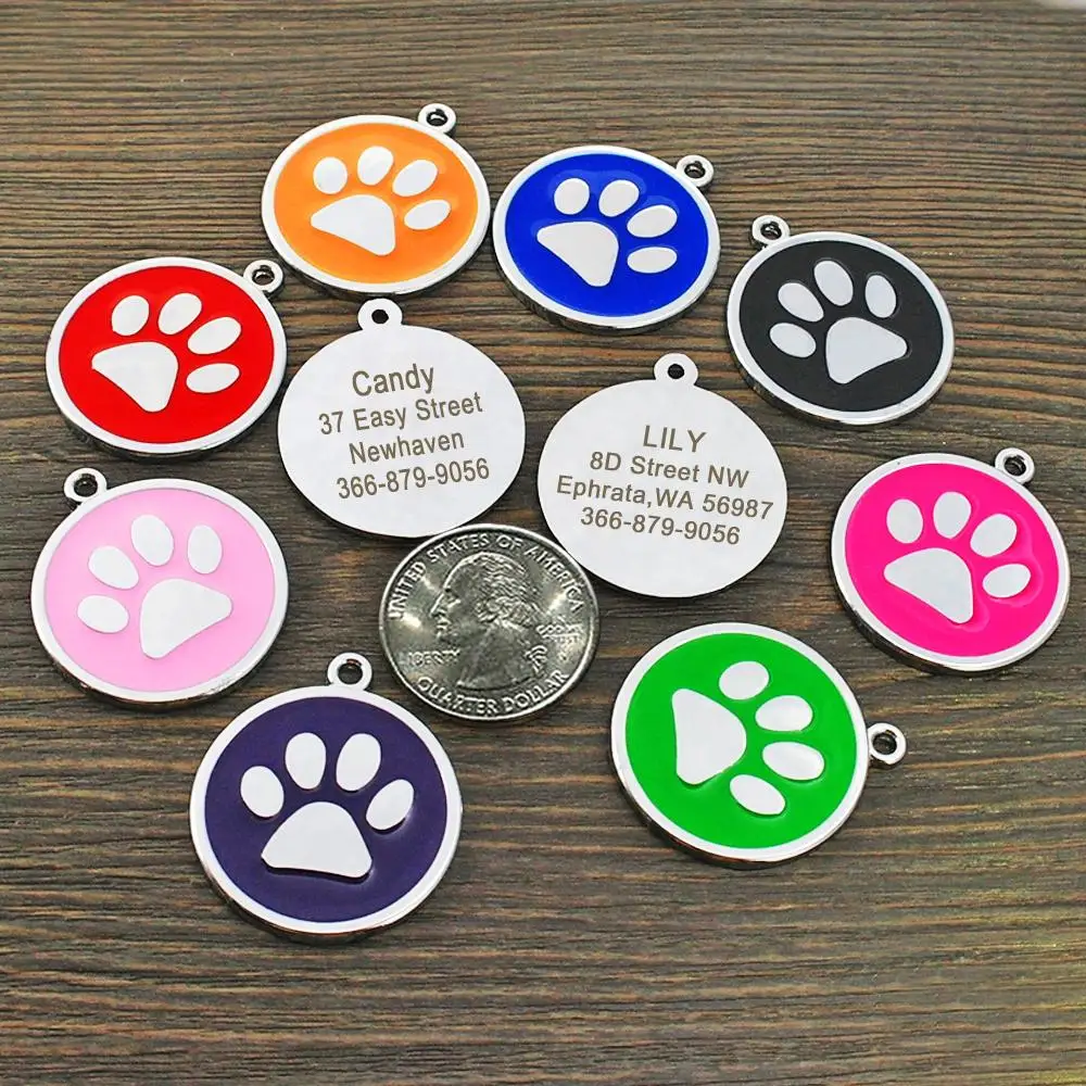 Placa de identificación de acero inoxidable para perro, placa redonda personalizada, accesorios de Metal para mascotas, 8 colores - imagen 5