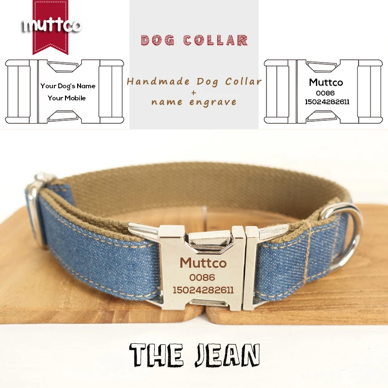 MUTTCO Collar de perro hecho a mano antipérdida, collares personalizados para cachorros y mascotas con nombre, collar para perro THE BLUE JEAN, 5 tamaños UDC003