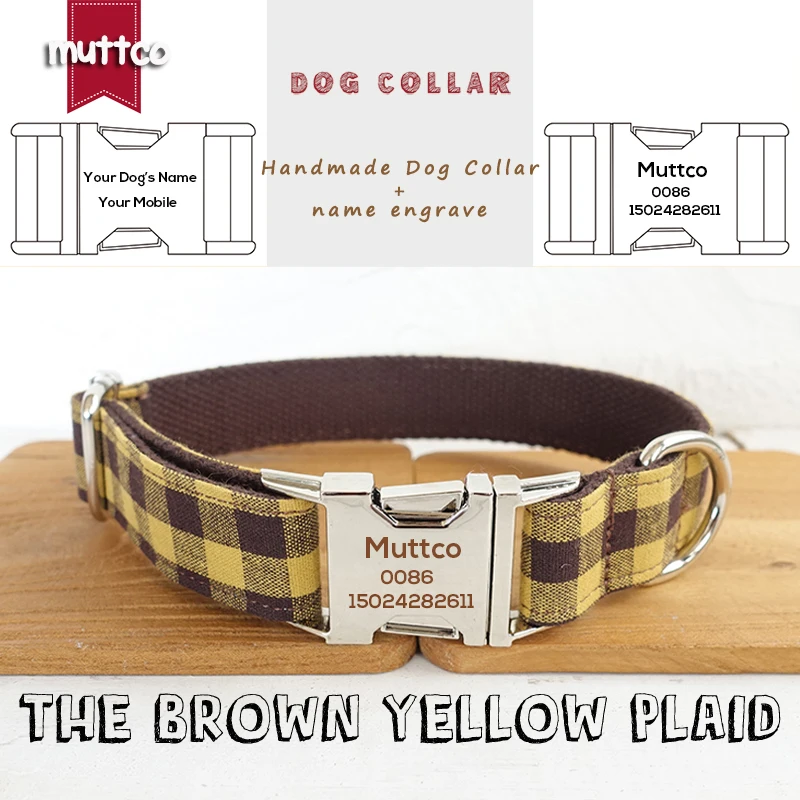 Collar de mascota grabado MUTTCO, collar personalizado individual, correa de cuello básico flexible plaid amarillo marrón, 5 tamaños UDC067
