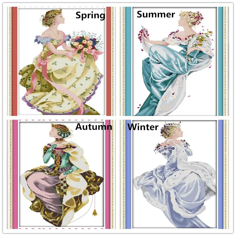 Kits de punto de cruz contados para niñas hermosas de verano, 4 estaciones, lienzo en blanco sin imprimir DMC 14CT 11CT, juegos de bordado DIY de punto de cruz - imagen 2
